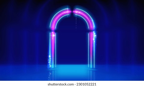 Neon frame, led arch, light lines. Background, backdrop for displaying products. Blue pink purple neon arch, frame. Glowing sparkling portal. Stage. Vector illustration