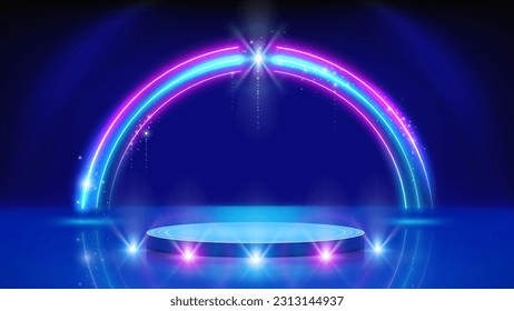 Neon frame, led arch, podium, stage. Background, backdrop for displaying products. Light led lines. Blue pink purple neon arch, frame. Glowing sparkling portal. Vector illustration