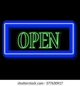 Neon frame Open. Vintage electric sign board with bright neon lights. Vector illustration