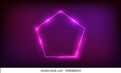 Neon frame in pentagon form with shining effects on dark background. Empty glowing techno backdrop. Vector illustration.