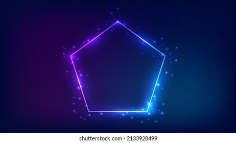 Neon frame in pentagon form with shining effects and sparkles on dark background. Empty glowing techno backdrop. Vector illustration.