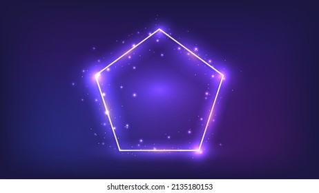 Neon frame in pentagon form with shining effects and sparkles on dark background. Empty glowing techno backdrop. Vector illustration.