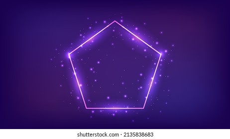 Neon frame in pentagon form with shining effects and sparkles on dark background. Empty glowing techno backdrop. Vector illustration.
