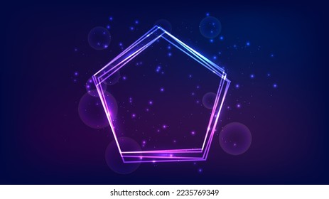 Neon frame in pentagon form with shining effects and sparkles on dark background. Empty glowing techno backdrop. Vector illustration