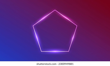 Marco de neón en forma de pentágono con efectos brillantes sobre el fondo morado oscuro. Fondo tecno brillante vacío. Ilustración del vector