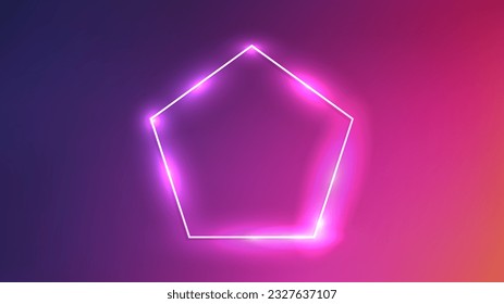 Neon frame in pentagon form with shining effects on dark purple background. Empty glowing techno backdrop. Vector illustration