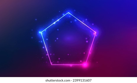 Marco de neón en forma de pentágono con efectos brillantes y destellos sobre fondo morado oscuro. Fondo tecno brillante vacío. Ilustración del vector