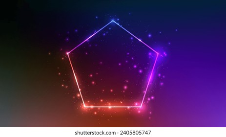 Neonrahmen in Pentagon-Form mit leuchtenden Effekten und Funkeln auf dunkelviolettem Hintergrund. Leere leuchtende Techno-Hintergrund. Vektorgrafik