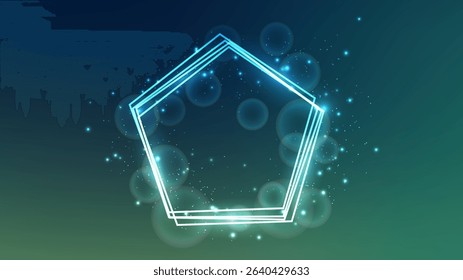 Neon frame in pentagon form with shining effects and sparkles on green background. Empty glowing techno backdrop. Vector illustration