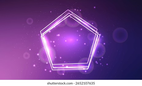 Neon frame in pentagon form with shining effects and sparkles on purple background. Empty glowing techno backdrop. Vector illustration