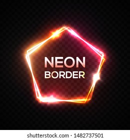 Neon frame. Pentagon shape. Pink yellow glowing template of neon border creative shining pentagonal outline. Modern electric 80s style background for banner poster cover design. 3d vector illustration