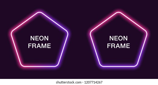 Neon frame in pentagonal shape. Vector template of neon border in pink and violet color, creative glowing pentagon in outline. Modern background for design of banner and billboard, poster and cover