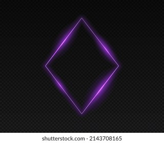 Neon frame purple. Purple rhombus on black translucent background. Poster or banner for night club website, building construction. Education for children and geometry. Realistic vector illustration