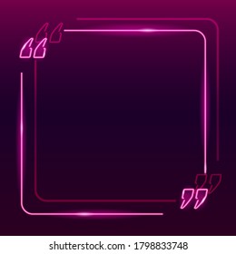 Marco neón con comillas sobre fondo de degradado morado oscuro. Plantilla de lugar de texto cuadrado. Cita, consulta, menciona el concepto. El estilo de los carteles nocturnos. Ilustración del vector 10 EPS.
