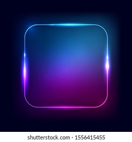 Neon frame. Rectangle or square shape glow border on the black background. Vector illustration for neon glowing banner and sign. Abstract dark design element.