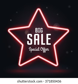 Neon Frame Sale, vector star banner