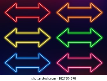 Neon frame. Set of neon arrows in different colors. Laser glowing lines on a dark background. Neon glowing pointer.