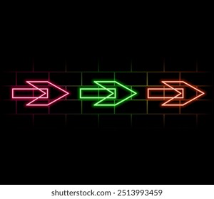 Neon frame. Set of neon arrows in different colors. Laser glowing lines on a dark background. Neon glowing pointer..