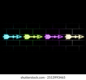 Neon frame. Set of neon arrows in different. Laser glowing lines on a dark background. Neon glowing pointer..