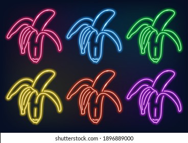 Neon frame. Set of neon bananas in different colors. Laser glowing lines on a black background.