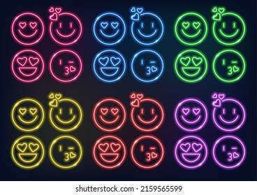 Neon frame. Set of neon emoticons in different colors. Laser glowing lines on a black background. Various smiles.