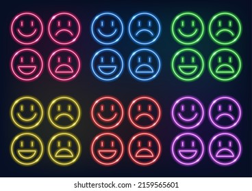 Neon frame. Set of neon emoticons in different colors. Laser glowing lines on a black background. Various smiles.