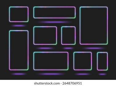 Neon frame set with glowing square and rectangular borders in purple, pink and green gradient colors on black background. Electric light rectangles for futuristic UI design, cyberpunk interfaces.