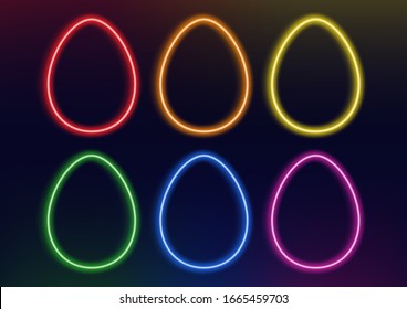Neon frame. Set of neon lamps of different colors. Laser glowing lines on a black background. Happy Easter neon lines in the shape of an egg.