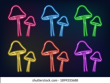 Neon frame. Set of neon mushrooms in different colors. Laser glowing lines on a black background. 