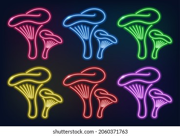 Neon frame. Set of neon mushrooms in different colors. Laser glowing lines on a black background. 