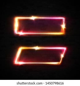 Neon frame set on black brick wall. Geometric shape marquee sign. Electric led line square banners. Design element template for night club flyer banner poster. 3d technology bright vector illustration
