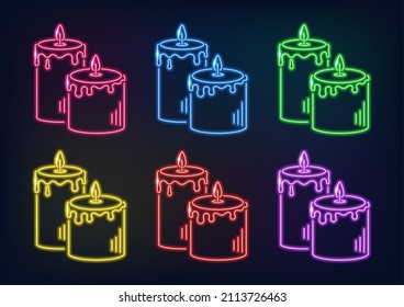 Marco neón. Un conjunto de velas de cera de neón en diferentes colores. Líneas láser brillando sobre un fondo negro.