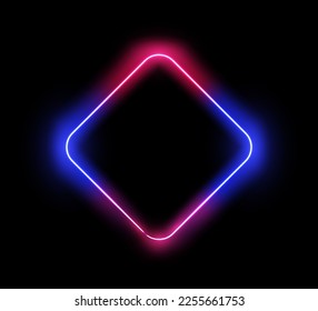 Marco de neón en forma de rhombus, borde aislado brillante con línea de resaltado. Firma o banner con espacio de copia. Vector en ilustración de estilo realista