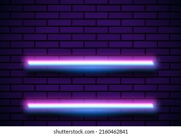 Neon frame with shelves on the blue brick wall. Classic round 80s styled purple shiny glowing neon sign.