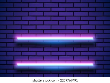 Neonrahmen mit Regalen an der blauen Ziegelwand. Klassisch rund um die 80er Jahre, violett glänzend leuchtendes Neonzeichen.