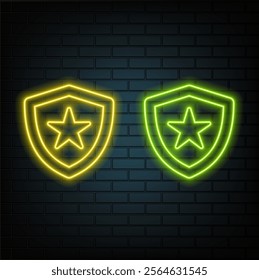 Neon frame in shield shape. Vector template of neon border in blue and red color, creative glowing shield in outline. Modern background for design of banner and billboard, poster and cover.