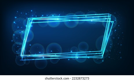 Neon frame with shining effects and sparkles on dark background. Empty glowing techno backdrop. Vector illustration