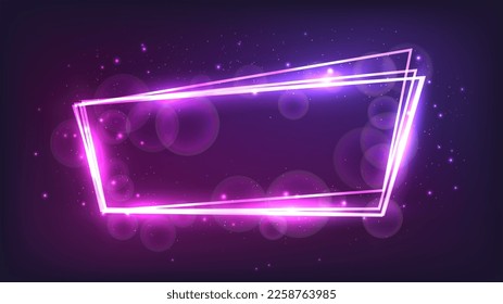 Marco neón con efectos brillantes y destellos sobre fondo oscuro. Fondo tecno brillante vacío. Ilustración del vector