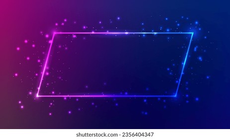 Neon frame with shining effects and sparkles on dark purple background. Empty glowing techno backdrop. Vector illustration