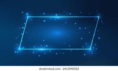 Marco neón con efectos brillantes y destellos sobre fondo azul oscuro. Fondo tecno brillante vacío. Ilustración del vector