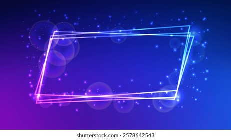 Neon frame with shining effects and sparkles on blue background. Empty glowing techno backdrop. Vector illustration