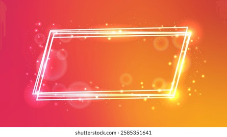 Neon frame with shining effects and sparkles on orange background. Empty glowing techno backdrop. Vector illustration