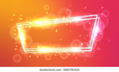 Neon frame with shining effects and sparkles on orange background. Empty glowing techno backdrop. Vector illustration