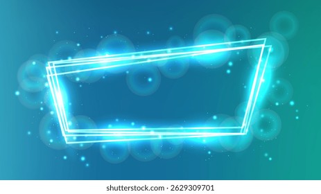 Neon frame with shining effects and sparkles on green background. Empty glowing techno backdrop. Vector illustration