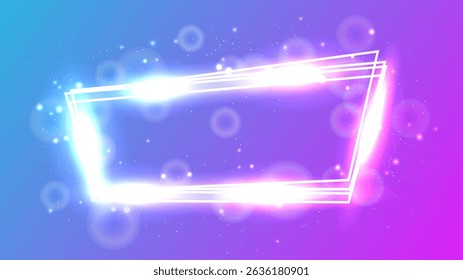 Neon frame with shining effects and sparkles on purple background. Empty glowing techno backdrop. Vector illustration