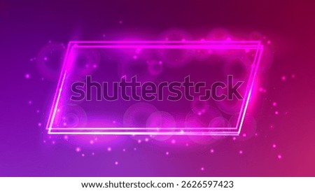 Neon frame with shining effects and sparkles on purple background. Empty glowing techno backdrop. Vector illustration