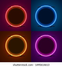 Neon frame sign in the shape of a circle. Set color. template design element. Vector illustration