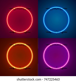 Neon frame sign in the shape of a circle. Set color. template design element. Vector illustration