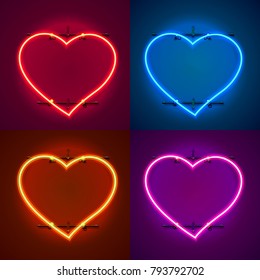 Neon frame sign in the shape of a heart. Set color. template design element. Vector illustration