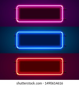 Neon frame sign in the shape of a square. Set color. template design element. Vector illustration